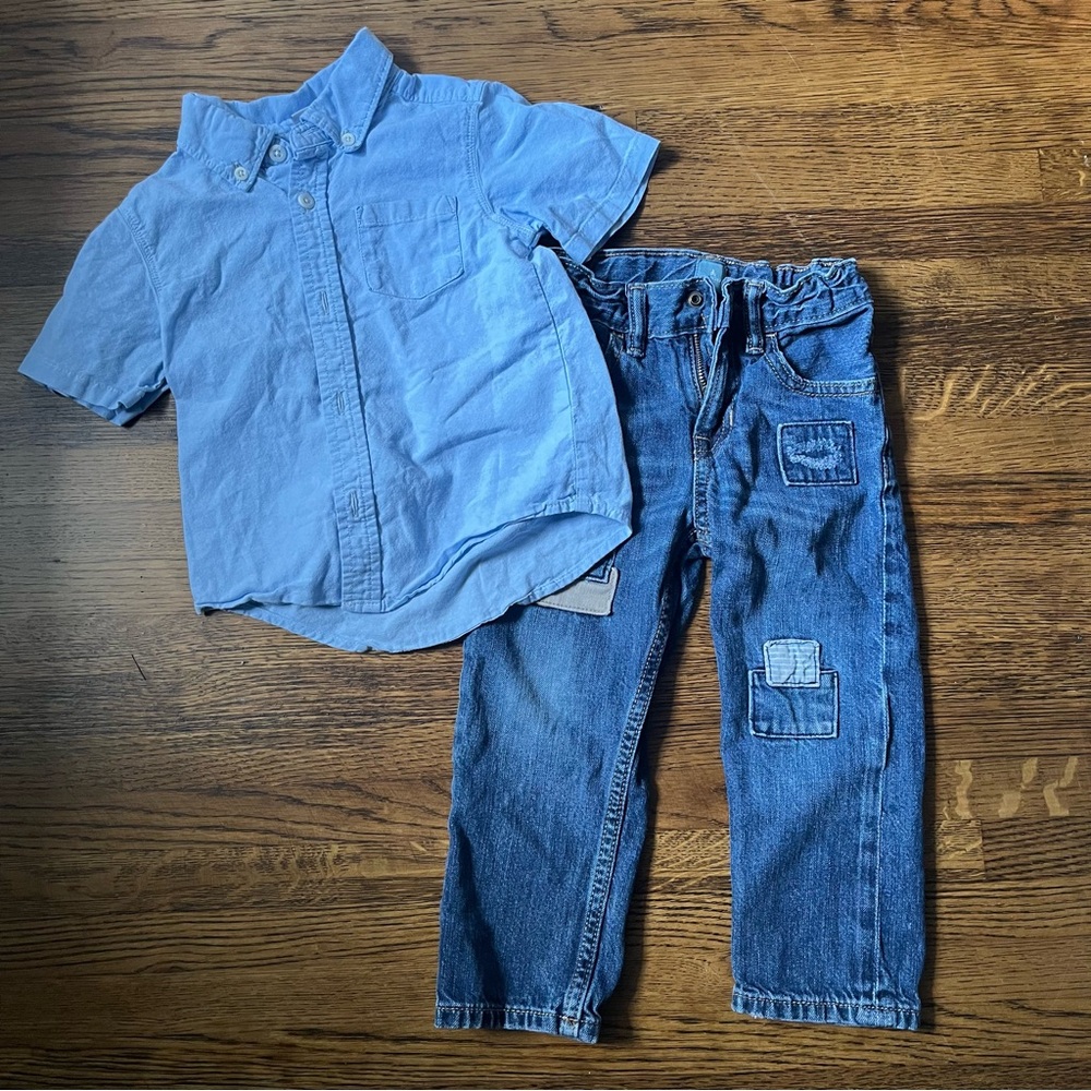 Gap Old Navy Toddler Outfit Patchwork Jeans Collared Button Down Shirt